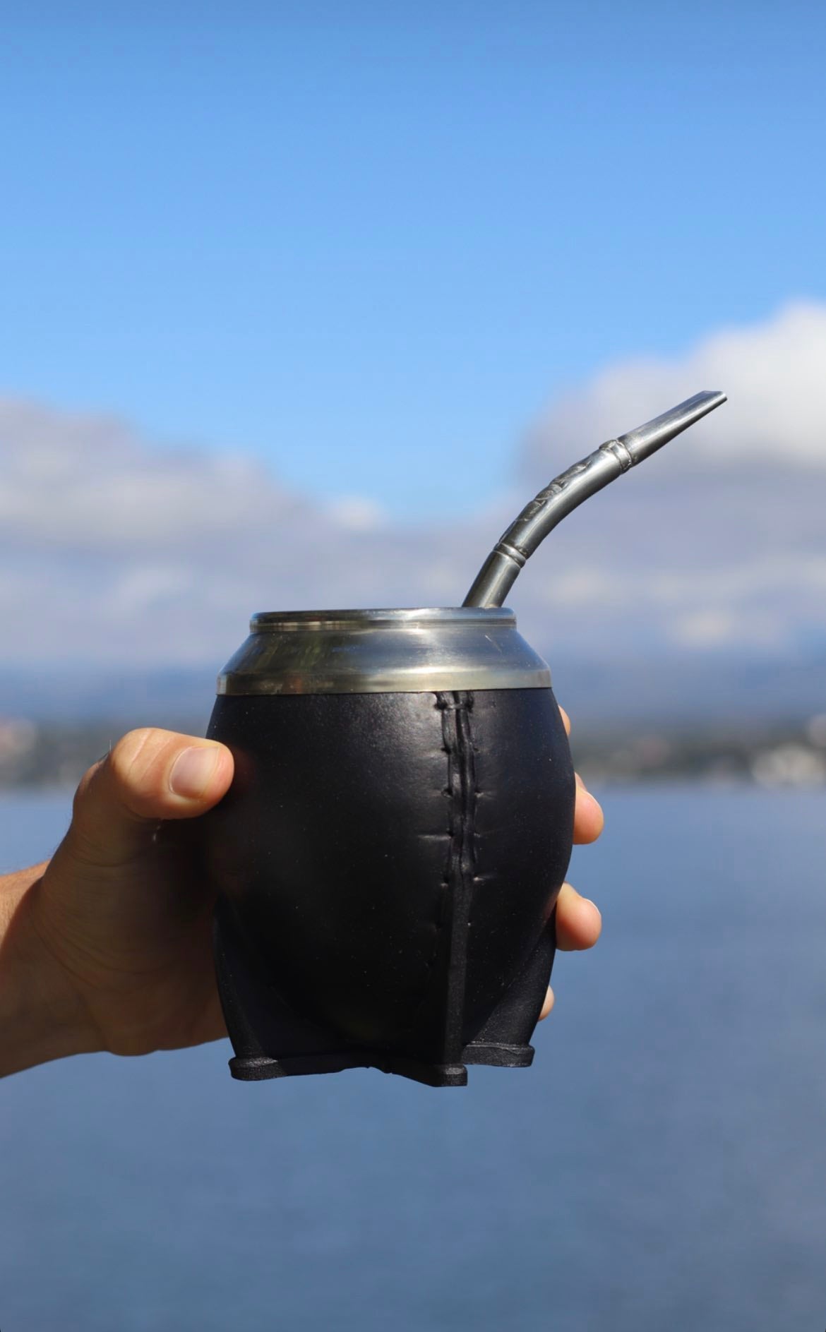 Torpedo Mate Uruguayo Leather Mate Gourd Carved Calabaza, Double Reinforced Flat Base and Alpaca Steel Ring