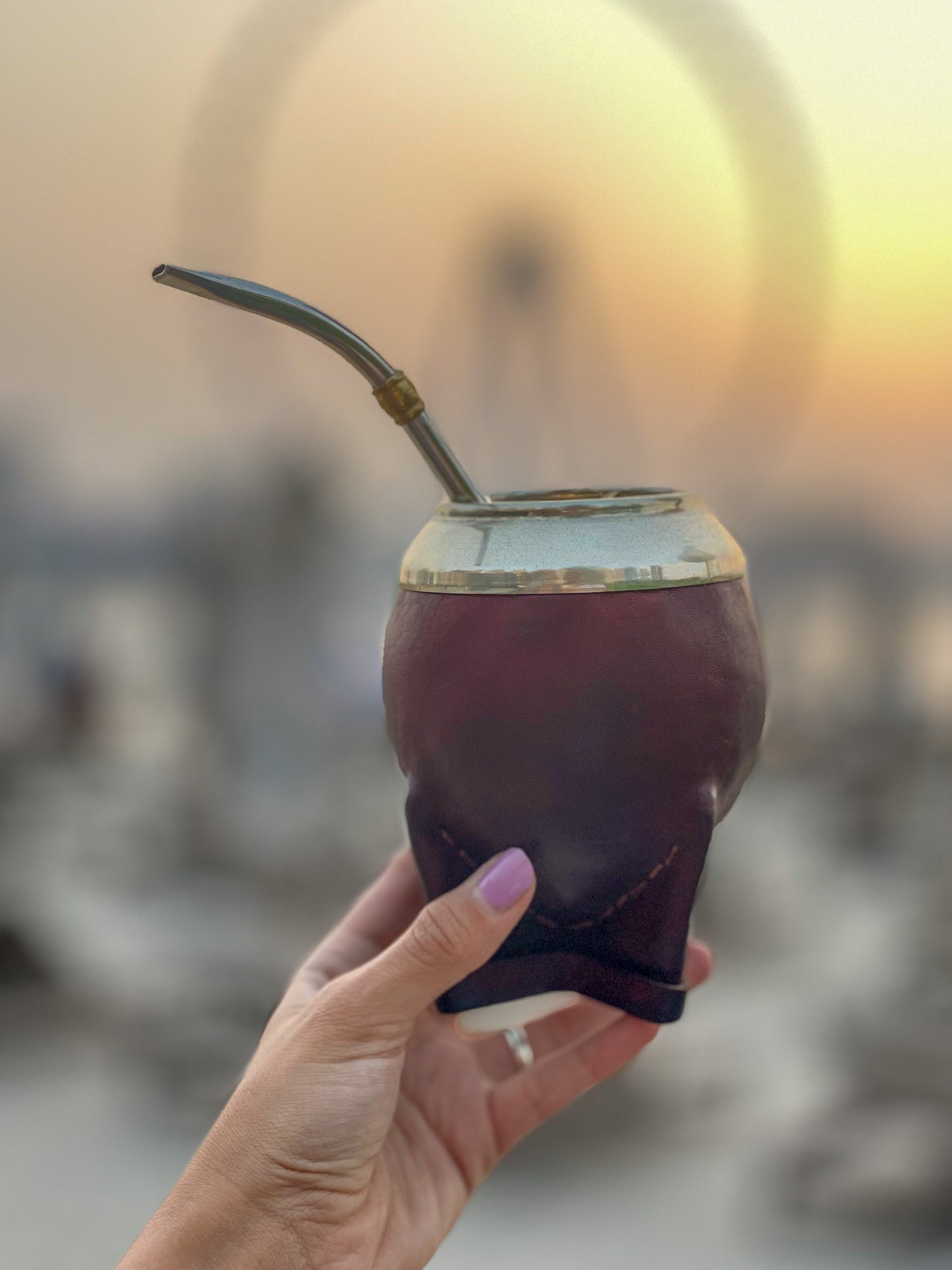 Torpedo Mate Uruguayo Leather Mate Gourd Carved Calabaza, Double Reinforced Flat Base and Alpaca Steel Ring