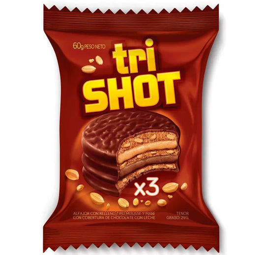 Trishot Triple Alfajor with Peanut Butter and Chocolate Mousse, 60 g